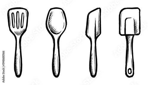 Hand-drawn sketch of various kitchen utensils including spoons and spatulas, perfect for cooking and baking concepts.