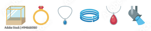 Collection of jewelry and display icons featuring a ring, necklaces, bracelet, display case, and a spotlight.