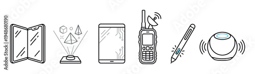 Various line art icons depicting modern and futuristic electronic gadgets such as a foldable phone, holographic display, tablet, satellite communicator, stylus, and smart speaker.