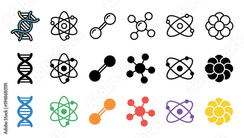 Collection of scientific icons representing fundamental concepts in biology and chemistry, including DNA, atoms, molecules, and cellular structures.