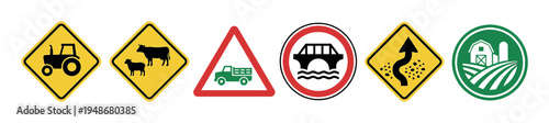 Various rural and agricultural road signs and symbols are displayed, including warnings for tractors, livestock, trucks, bridges, and loose gravel, along with a farm logo.