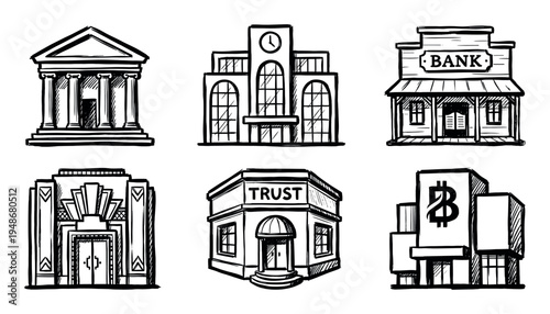 Collection of hand-drawn bank and financial institution buildings representing traditional, modern, and cryptocurrency banking.