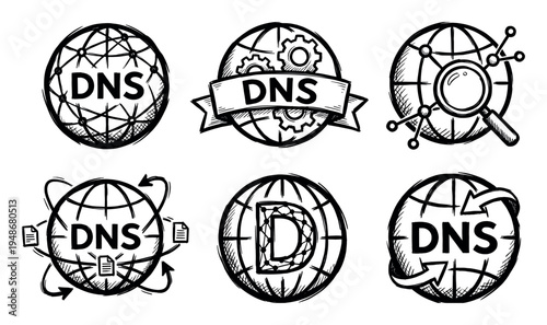 Hand-drawn DNS network icons illustrating global internet domain name system concepts and infrastructure.