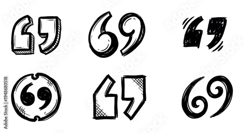 Set of six unique hand-drawn quotation marks and quote symbols in various artistic styles for text and communication.