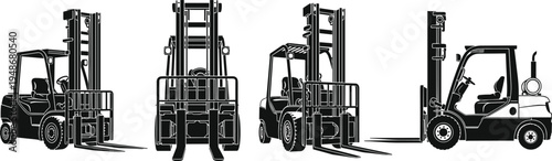 Black silhouette icon set of industrial forklifts shown from multiple angles including front side and perspective views for warehouse logistics and transportation.