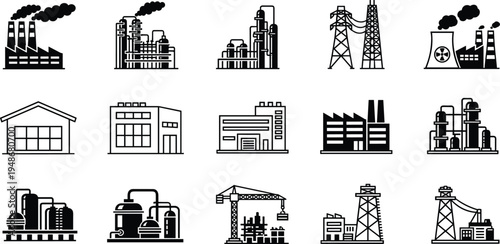 Black silhouette icon set of various industrial buildings including factories power plants warehouses and oil refineries for manufacturing and urban infrastructure design.