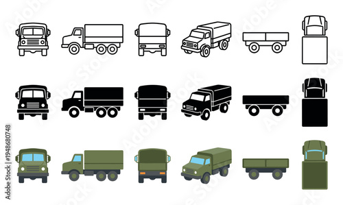 Collection of military utility trucks presented in various styles and perspectives for transportation design.