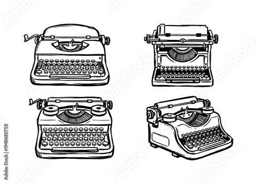 Collection of hand-drawn vintage typewriters in various perspectives, illustrating classic writing machines with intricate details.