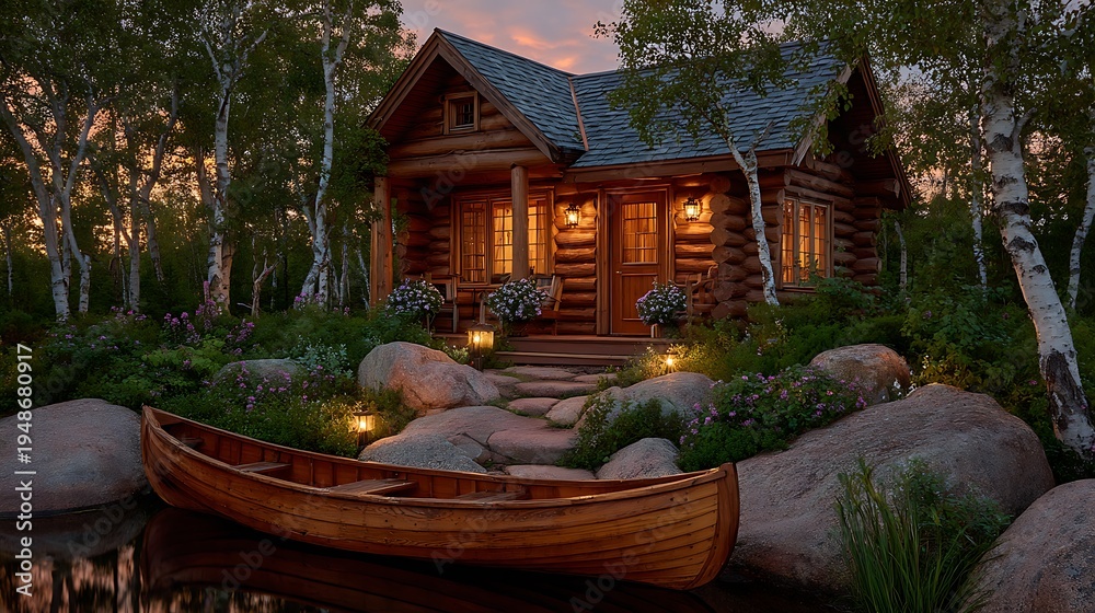 Fototapeta premium Cozy Log Cabin by Serene Lake at Dusk.