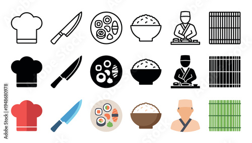 Comprehensive set of Japanese cuisine and sushi preparation icons in outline, solid, and colored styles, featuring chef hats, knives, rice bowls, and bamboo mats.