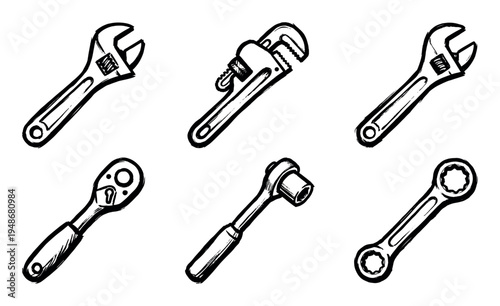 Various hand-drawn wrench tools are depicted in a collection, showcasing different types used for mechanical work and repairs.