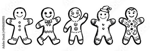 Hand-drawn sketch of five festive gingerbread men cookies for holiday designs and seasonal celebrations.