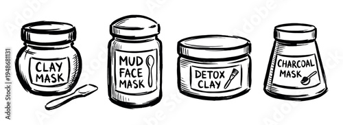 Collection of hand-drawn illustrations featuring various cosmetic face mask jars for skincare and beauty routines.