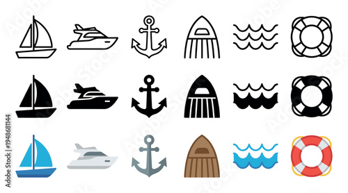 Comprehensive collection of marine and nautical icons featuring sailboats, yachts, anchors, rowboats, waves, and lifebuoys in various styles.