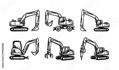 Hand-drawn sketches of six different excavators, including tracked, wheeled, and various digging and demolition attachments.