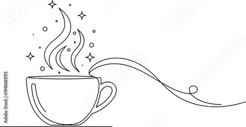 A steaming hot cup of coffee with swirling steam and sparkles