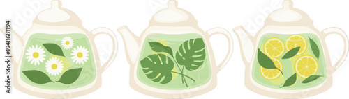 Three teapots with herbal infusions and fruit slices
