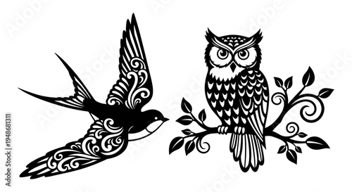 Set of 2 black and white ornate bird illustrations vector