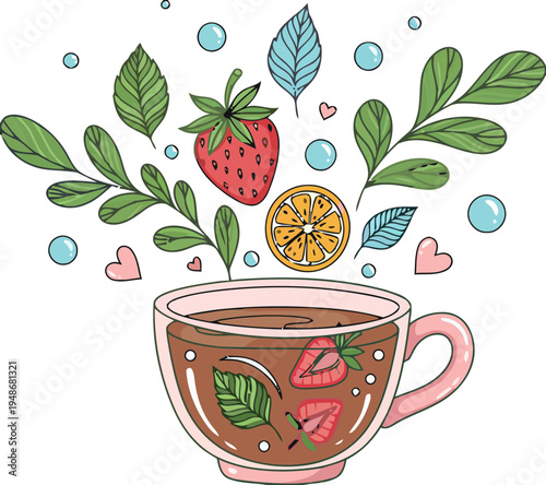 A whimsical illustration of a pink teacup with fruit and leaves