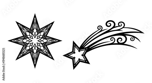 Set of 2 star icons vector, black, decorative