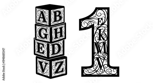 Set of 7 alphabet and number vector illustrations