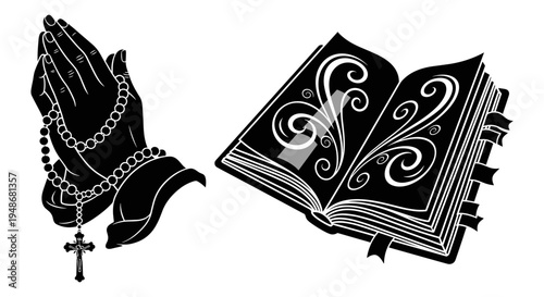 Vector illustration of praying hands with rosary and holy book