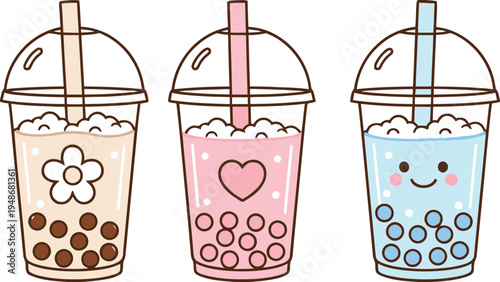 Three cartoon bubble tea drinks with colorful designs and straws