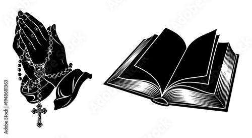 Set of 2 religious icons vector, praying hands with rosary and open book