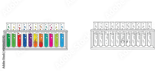 Chemistry laboratory test tube rack with colorful bubbling liquids and fire. Color and black and white line art vector illustration.