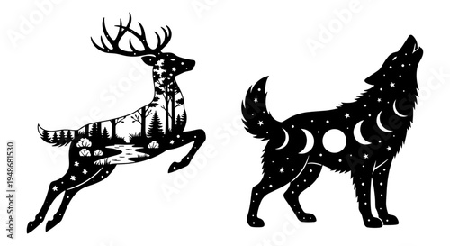Set of 2 celestial animal icons vector, deer and wolf
