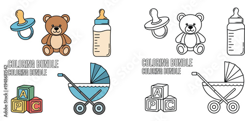 Baby items vector icon coloring bundle. Pacifier, teddy bear, bottle, blocks and stroller in color and black and white outline.