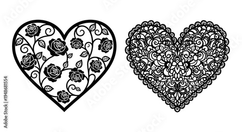 Set of 2 heart icons vector, black and white, floral patterns