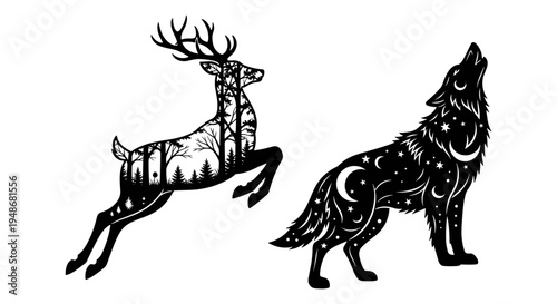 Set of 2 tribal animal icons vector, wolf and deer