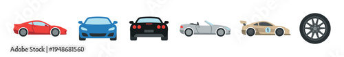 Collection of various cartoon-style cars including a red sports car, blue sedan, black vehicle, silver convertible, beige race car, and a single wheel.