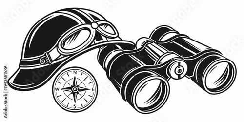 a pair of binoculars and a captain's hat with a compass Vector
