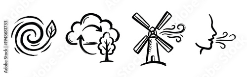Collection of brush stroke icons representing wind energy, ecological recycling, and sustainable environmental practices.