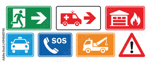 Collection of essential emergency and service signs including exit, ambulance, fire, taxi, SOS, tow truck, and warning symbols for safety information.