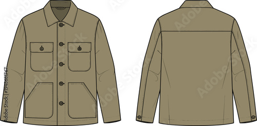 khaki, workwear, jacket, front, back, view, technical, fashion, template, mockup, utility, pockets, button, casual, outerwear, clothing, design, flat, illustration, isolated