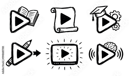 Hand-drawn video play button icons illustrating various concepts of online learning, education, and digital content creation.