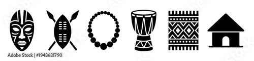 African cultural symbols and traditional objects are depicted in a collection of black silhouette icons.