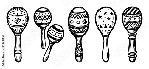 Vibrant hand-drawn sketch illustration featuring a collection of decorative maracas, each adorned with unique patterns and designs.