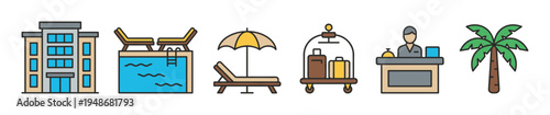 Colorful collection of hotel and resort amenities icons, including a building, swimming pool, lounge chairs, luggage cart, reception desk, and palm tree.