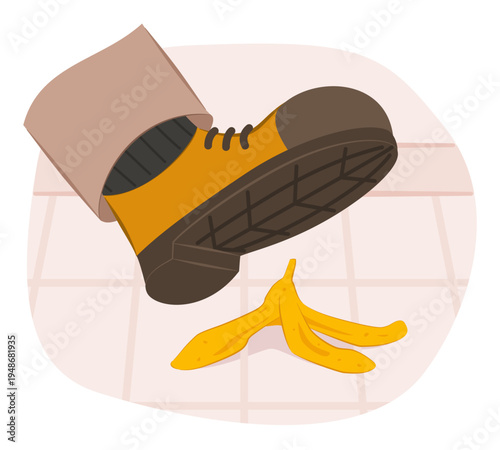 Human Foot in Sneaker Shoe Stepping on Banana Peel on Floor for Slippery Caution Concept Illustration Clip Art