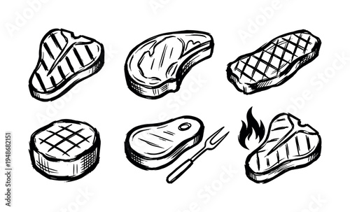 Set of six hand-drawn steak illustrations featuring various cuts of grilled meat, including T-bone, sirloin, and filet mignon, accompanied by a fork.