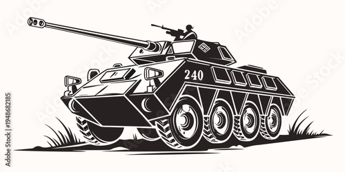 a black and white drawing of a military tank Vector