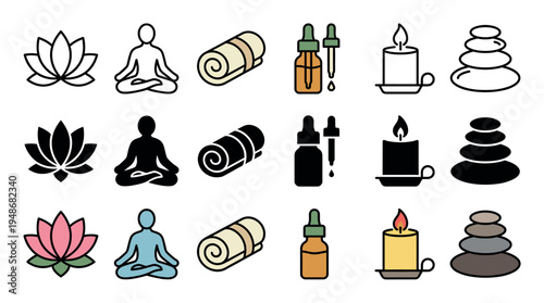 Collection of spa and wellness icons featuring lotus flowers, meditating figures, essential oils, candles, and stacked stones in various styles.
