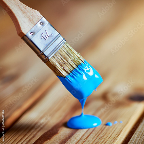 a slow blue drop falling from a weathered brush, capturing handcrafted creativity and the quiet drama of making