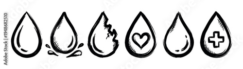 Hand-drawn blood drop icons with various symbols representing donation, health, and medical concepts.