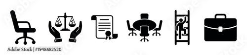 Black silhouette icons represent various business, legal, and career development concepts.