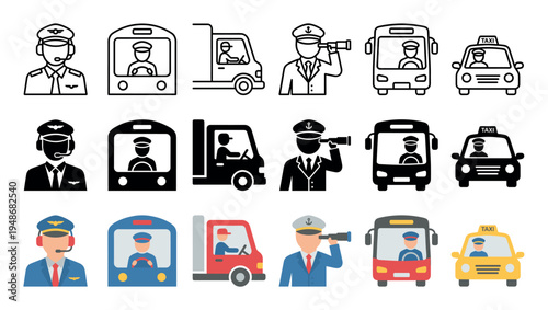 Collection of transportation personnel icons featuring pilots, bus drivers, truck drivers, captains, and taxi drivers in various styles.